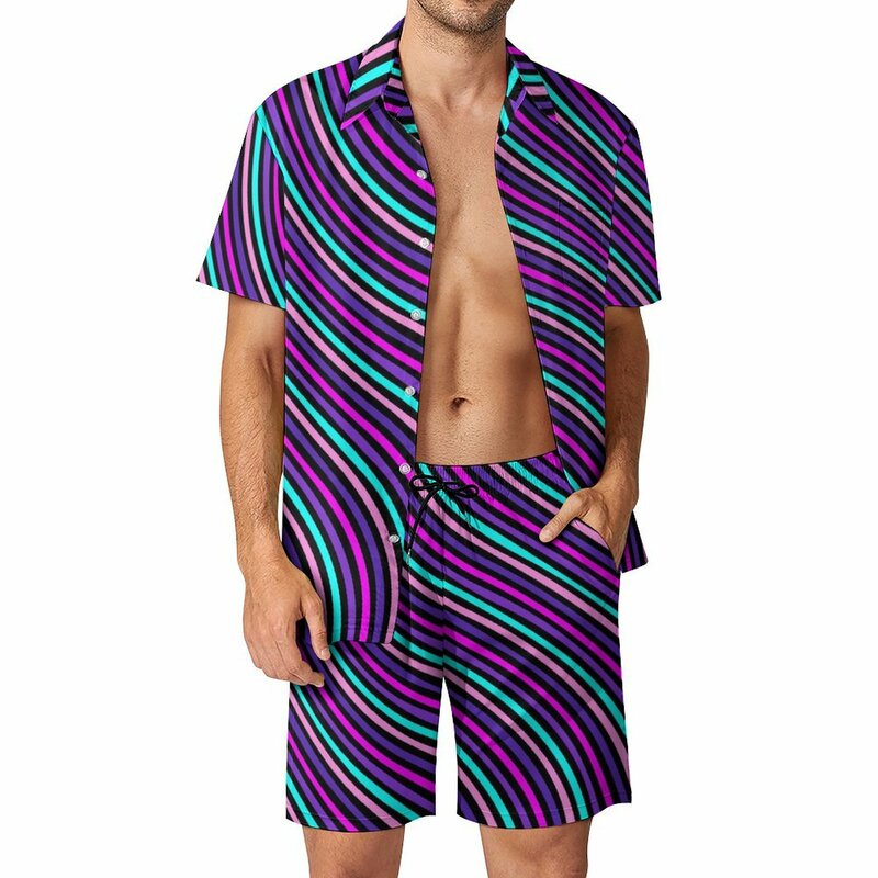 다채로운 줄무늬 남성 세트, 추상 미술 빈티지 캐주얼 셔츠 세트, 반팔 디자인 반바지, 여름 휴가 세트, 빅 사이즈 2XL 3XL