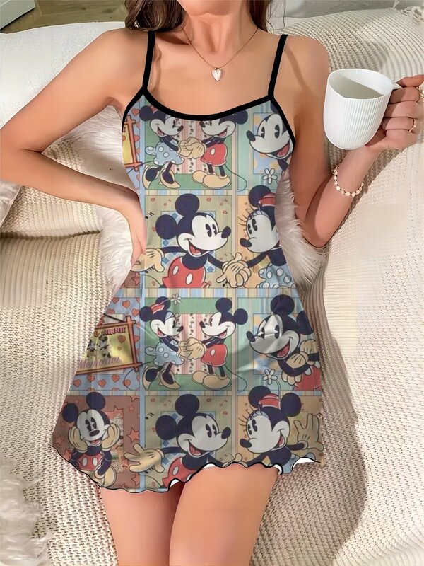 Falda de pijama con ribete de lechuga para mujer, vestido de Mickey Home, cuello redondo, superficie de satén, vestidos elegantes, Disney, Minnie Mouse, Mini Sexy
