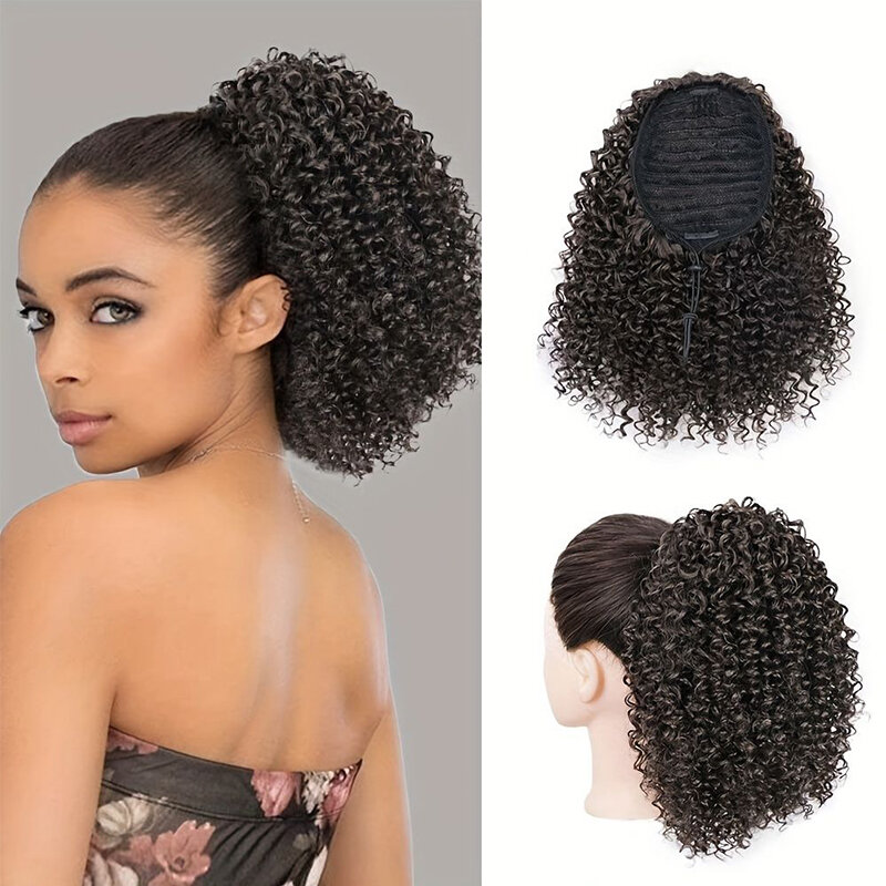 Cola de Caballo rizada corta para mujeres negras, extensión de cabello rizado con cordón, pelo sintético Afro Puff, cola de caballo falsa