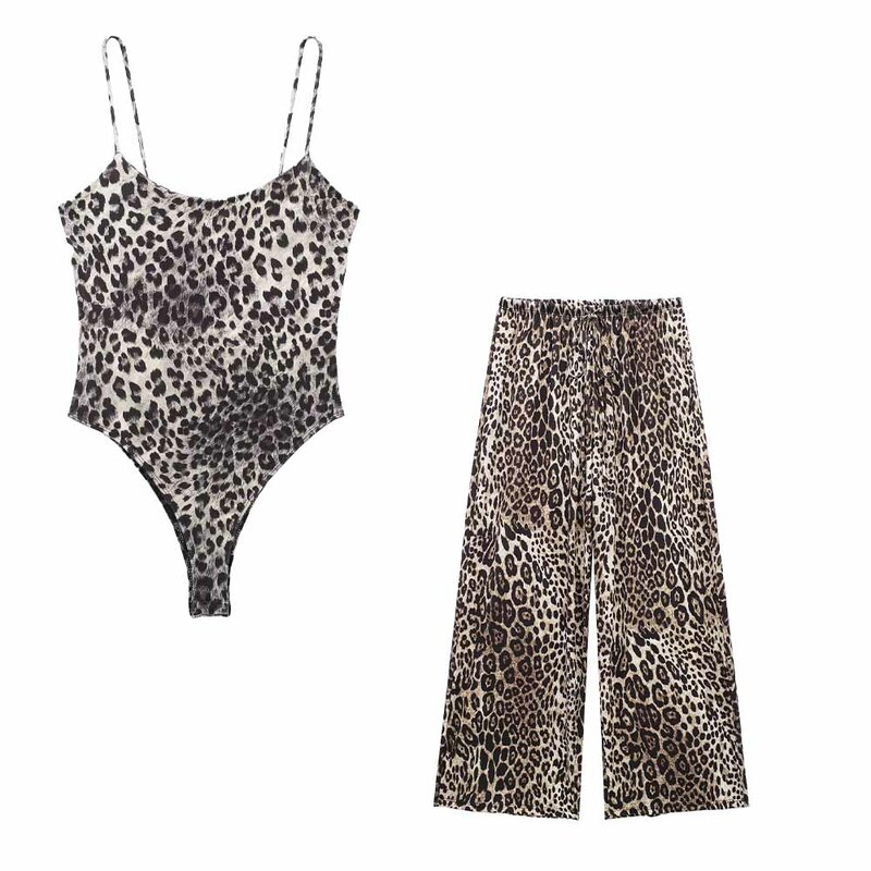 Комплект женский из 2 предметов, Модный комбинезон с леопардовым принтом на подтяжках, женский + вертикальные брюки, женский костюм