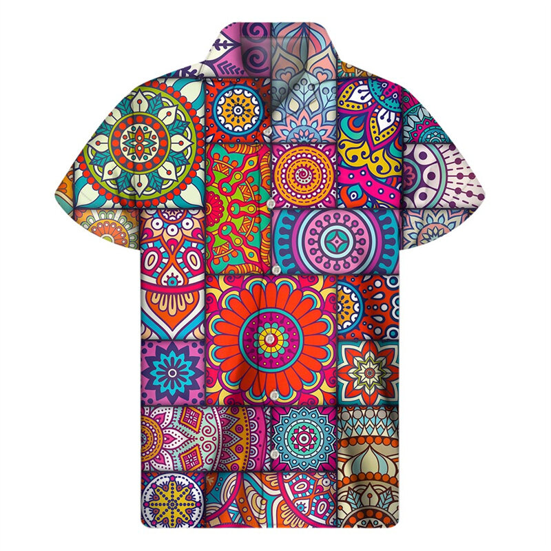 Богемная ретро-одежда для мужчин, летняя свободная уличная рубашка с короткими рукавами и 3d принтом, блузка с воротником и пуговицами