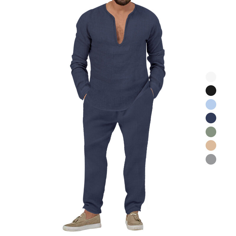 Camiseta informal de manga larga para hombre, traje de camisa y pantalones, Color sólido, novedad de verano, 2023