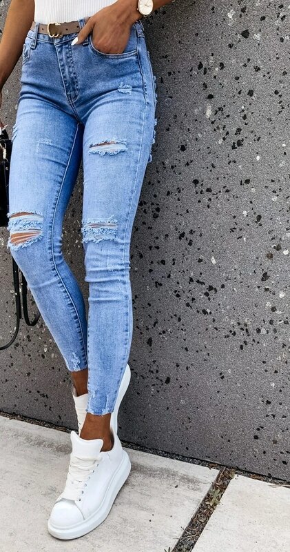 Осенне-зимние новые стильные рваные узкие модные загородные джинсовые брюки женские джинсы