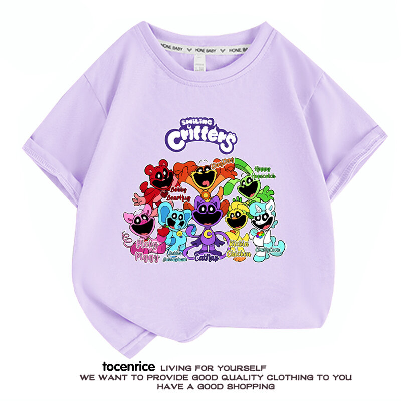 Camisetas de Critters sonrientes para niños, camiseta de juego para niños, ropa informal Kawaii de dibujos animados, Tops de Anime para niños y niñas, Tops de manga corta