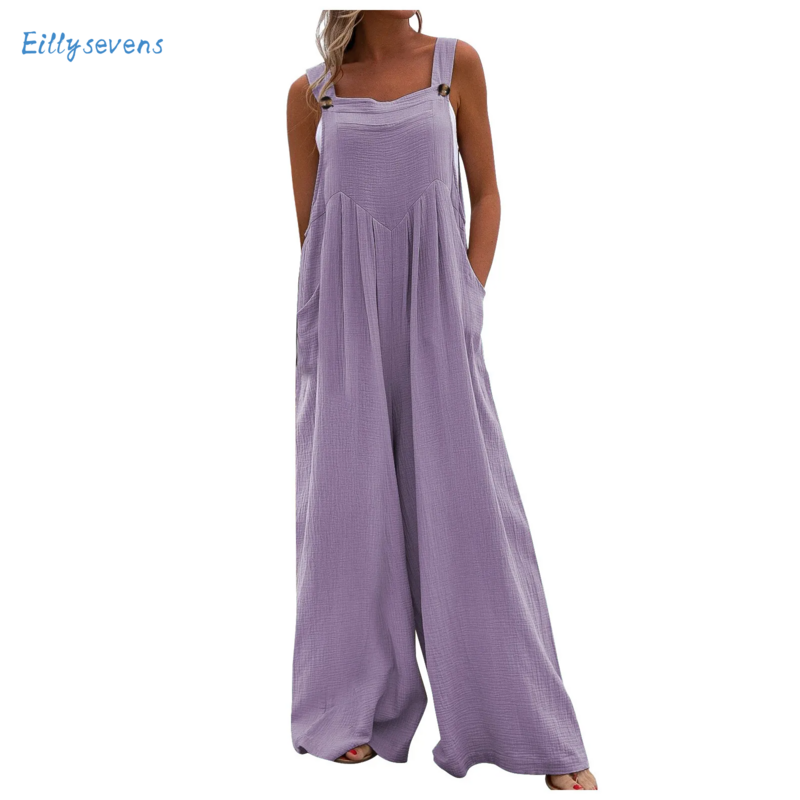 Women Tank Jumpsuits Summer Causal Solid Color Loose Wide Leg Button Strap Jumpsuits With Pockets Daily Commute Resorts Rompers