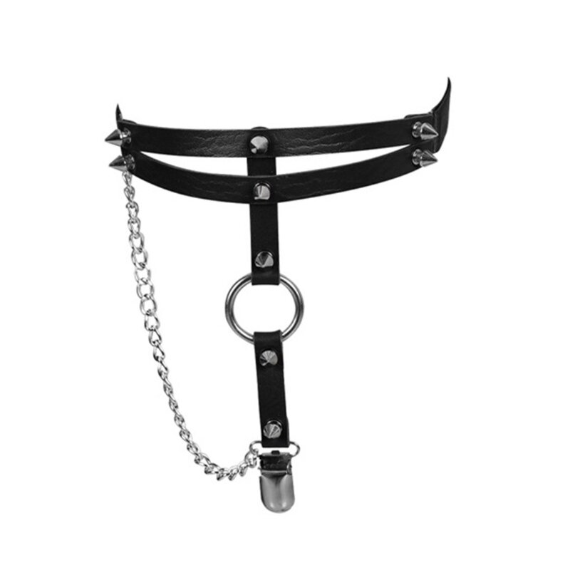 Clips para muslo cuero PU, cinturón elástico con cadena colgante circular, decoración para piernas club nocturno