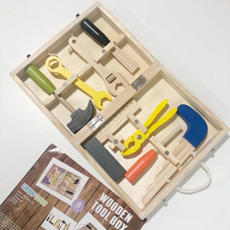 子供のための模造ツールボックスのおもちゃ,教育用木製修理ツール,湾曲したキャラクター,ドライバー付き,子供用,8個