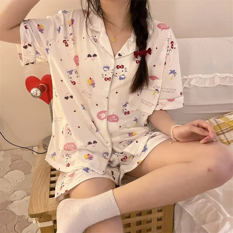 Sanrio Hello Kitty Cinnamoroll piżama nowe letnie T Shirt szorty 2 szt. Odzież domowa Kawaii na co dzień poliester miękkie damskie zestaw bielizny nocnej