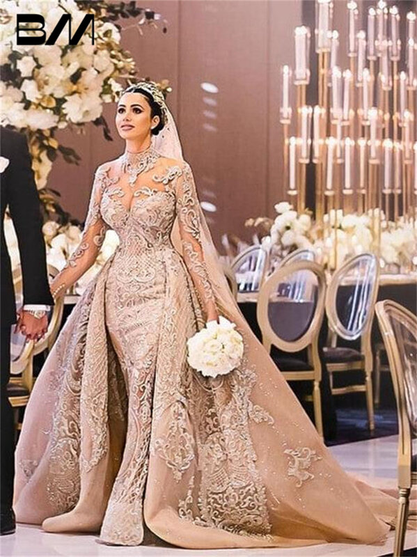 Vestido de noiva árabe com corte ilusório para mulheres, vestido de noiva de gola alta com trem destacável, vestido de noiva de duas peças, 2024
