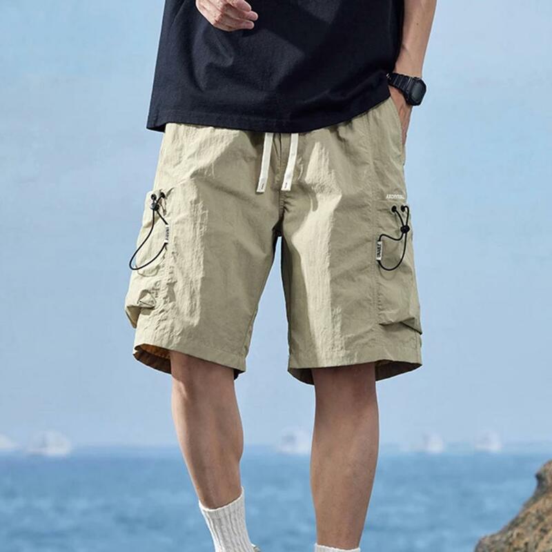 Pantalones cortos de cintura elástica para hombre, pantalones Cargo con cordón, cintura elástica, múltiples bolsillos, tela de secado rápido para deportes, Fitness