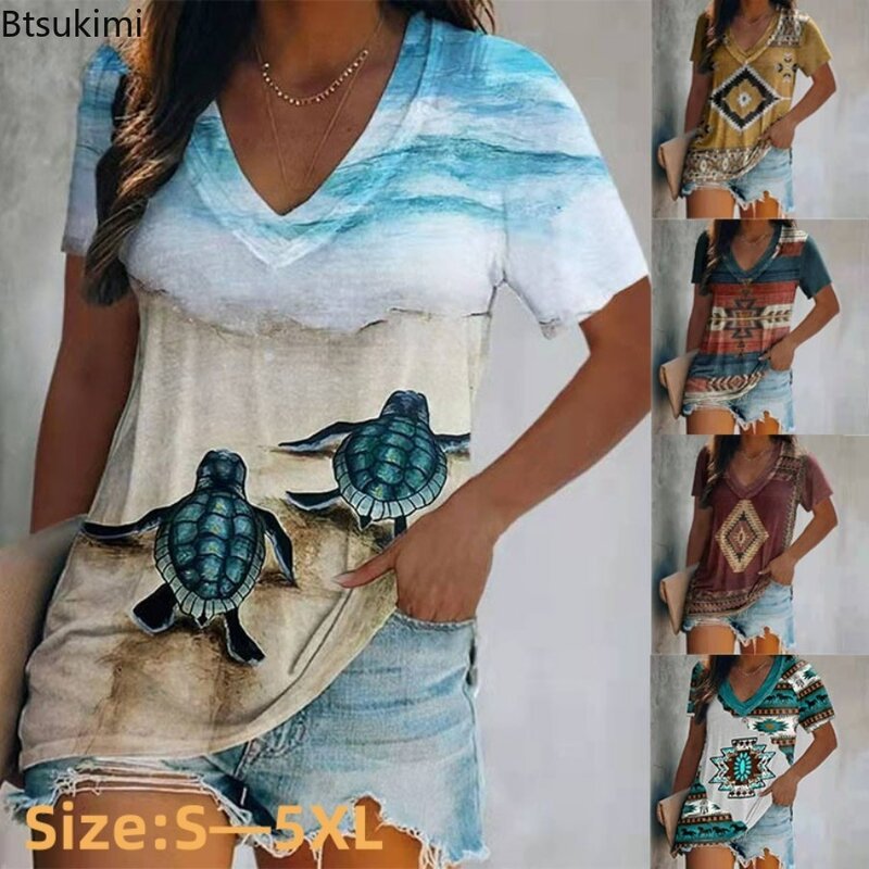 2024 Women's Summer Sea Starfish Print Blouse Tops Shirts Casual Short Sleeve Shirt Female Fashion Loose Shirts Outwear Clothes