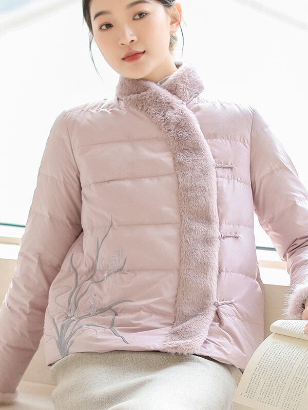 중국 스타일 여성 화이트 덕다운, 당나라 수트 상의, 자수 핑크 퍼플 숏 경량 다운 재킷