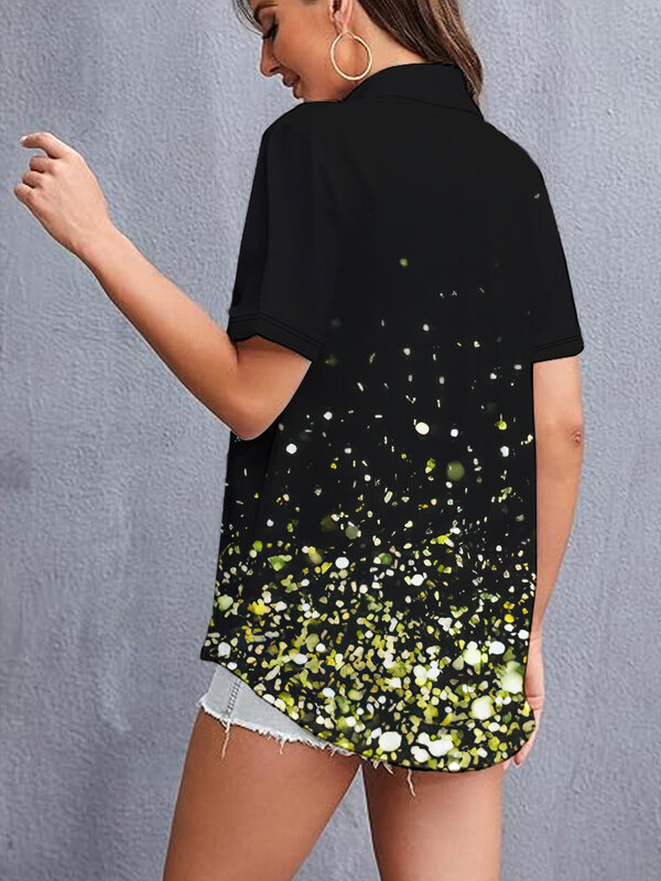 2024 new summer women's short-sleeved shirt shiny snowflake 3D digital printing shirt temperament and aesthetic shirt