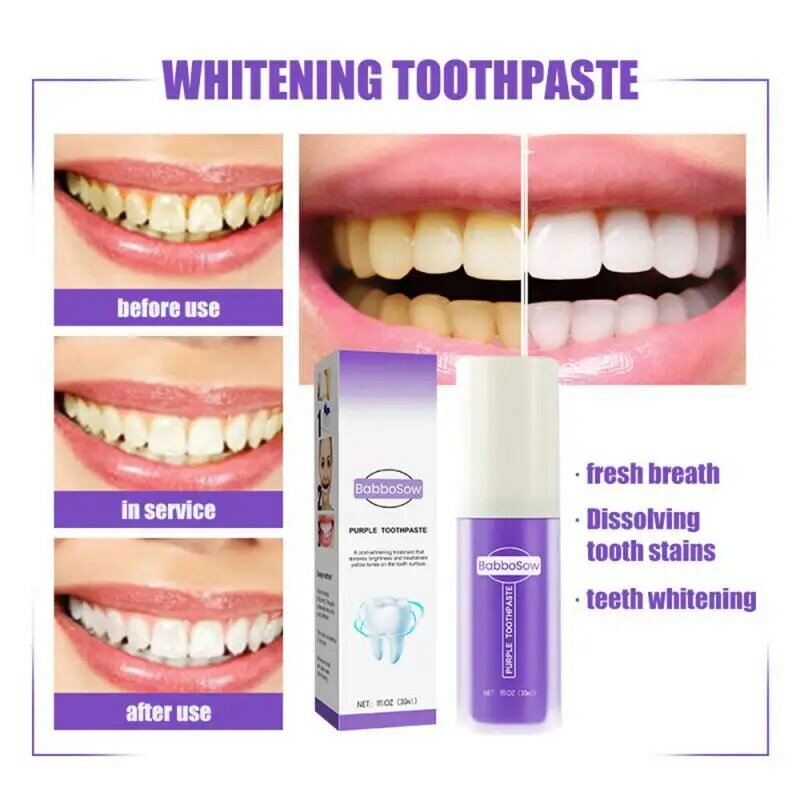 Presse en bouteille de dentifrice violet V34, gel dentaire pour le blanchiment des dents, éclaircissant, SAP jaunissant, livres de soins dentaires