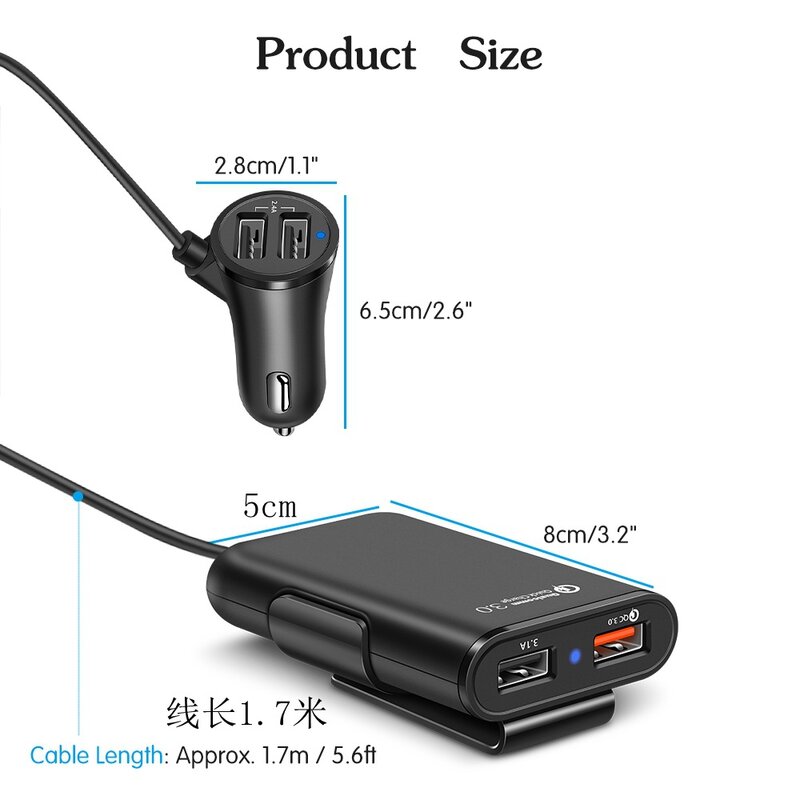 Cable de extensión para cargador de coche, accesorio de carga rápida 3,0, 36W, USB, para pasajero, trasero