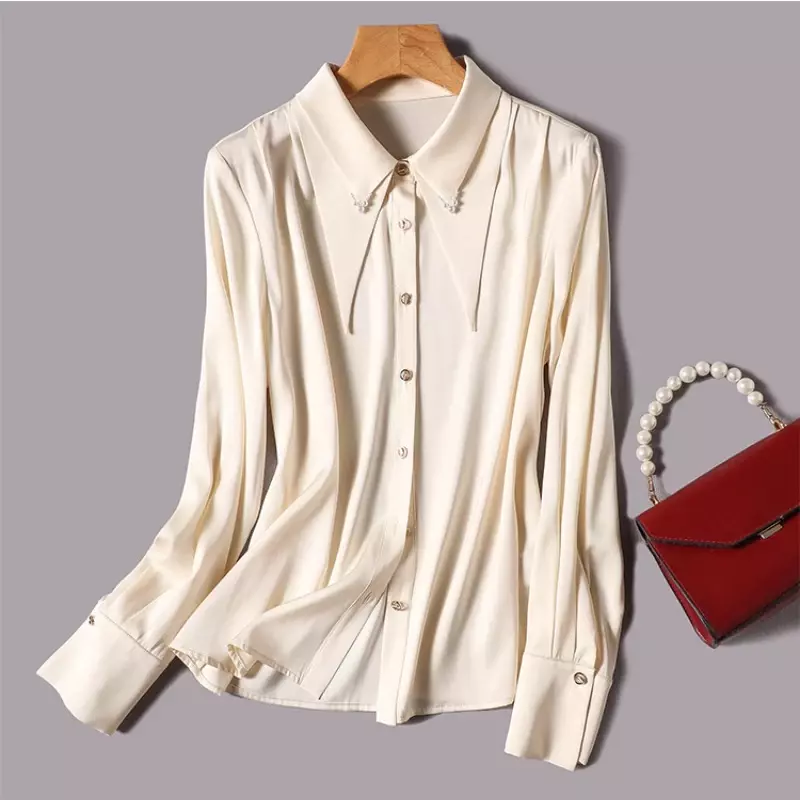 Атласная женская рубашка, летняя однотонная винтажная блузка, свободные женские Топы с длинным рукавом, шелковая Модная одежда с воротником-поло YCMYUNYAN