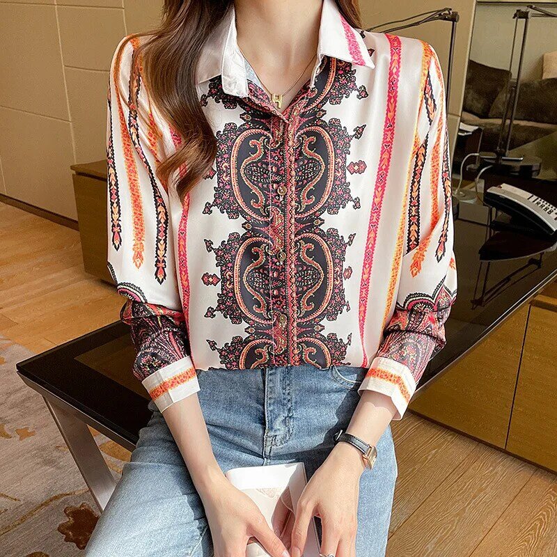 2023 New Bohemian Style Women's Long Sleeved Blouses Fashion Loose Striped Flower Lady's Chiffon Shirt Girl Student Top