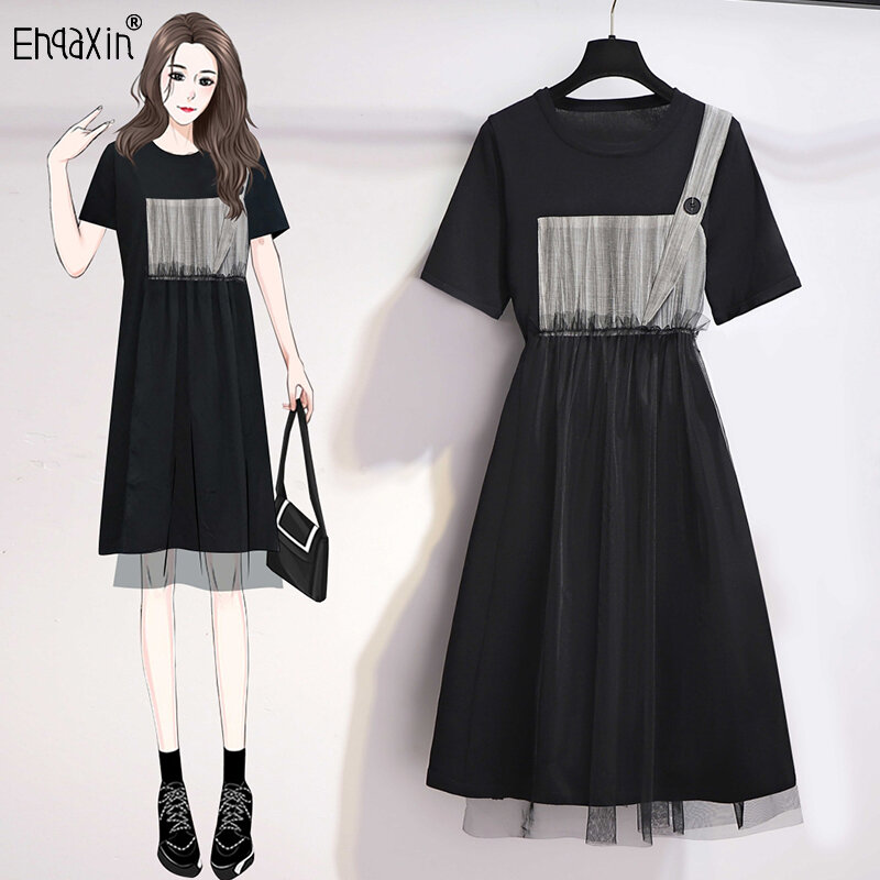EHQAXIN-Vestido feminino de malha splicing sling, vestido de manga curta para senhoras, moda elegante, novo, verão, L a 4XL, 2024