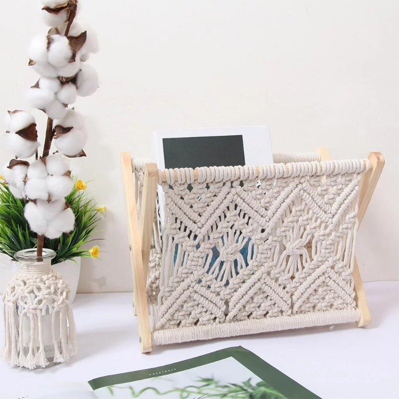 Artystyczne ręcznie robione stojak na czasopisma koszyczki zdalne sterowanie Boho styl ludowy DIY bawełniana lina do salonu z lat stojak na czasopisma