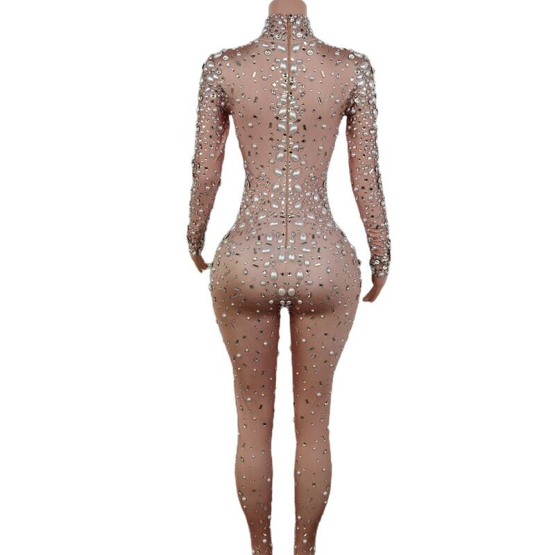 Pakaian pesta Prom klub spandeks lengan panjang wanita kostum panggung dansa penyanyi Jazz Jumpsuit kristal berlian buatan berkilau