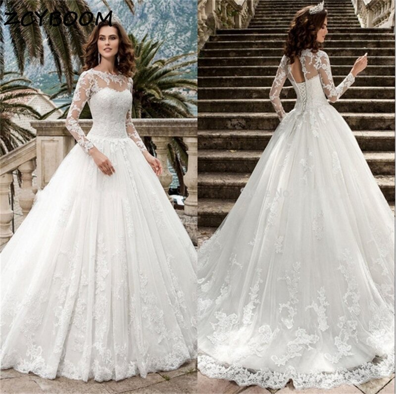 Elegant Appliques Lace Full Sleeves Illusion Ball Gown Wedding Dresses For Women 2024 Sweep Train Bridal Gowns Vestidos De Novia