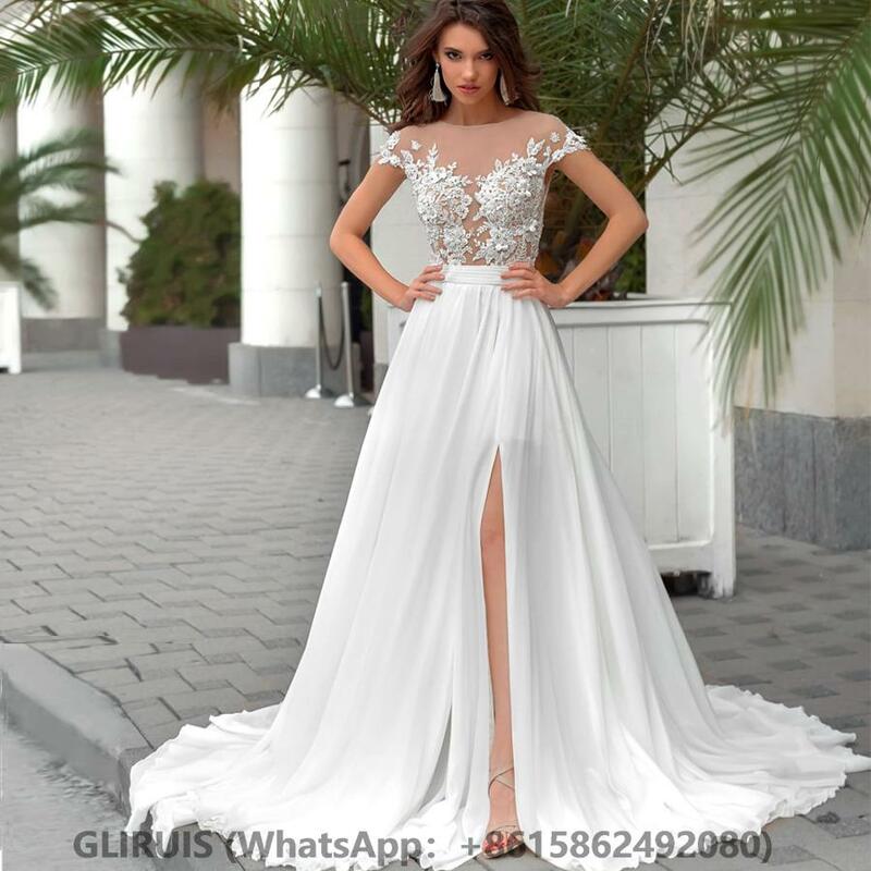 Wedding Dresses Cap Sleeve Beaded Applique A-line Chiffon  Vestidos De Novia вечернее платье فساتين السهرة