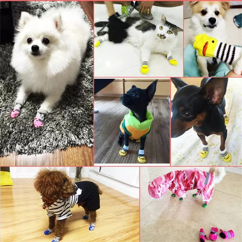 4 pezzi simpatici calzini per cani da compagnia con stampa antiscivolo gatti scarpe per cuccioli prodotti per la protezione della zampa per piccole razze Spitz York cani Chihuahua