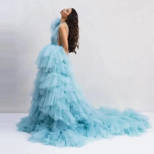 Blue Puffy Tulle Prom Party Dresses Deep V Neck Backless Layered Mesh Bridal Photoshoot Dress Dream Wedding Gown Dress custom