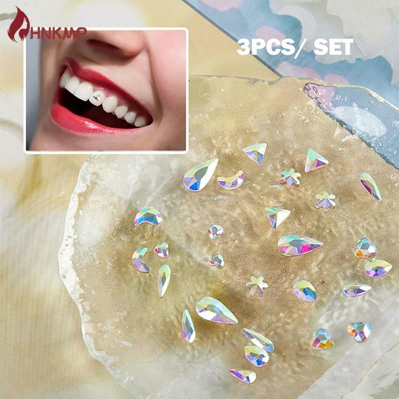 Em forma de coração Dental Gems, Cristal Diamante Ornamento, Cor Dentes Jóias, Dentadura Acrílica Decoração, 3pcs