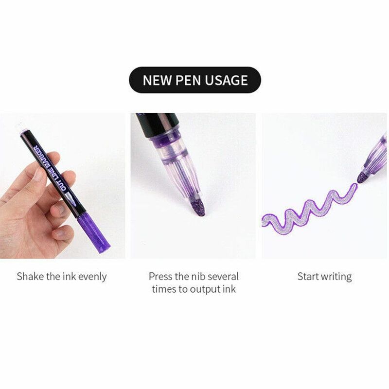8/12/24/36Pcs Plastic Double Line Outline Pen Shimmer Marker Waterproof Contour Pen Metallic Color Fluorescent Pen