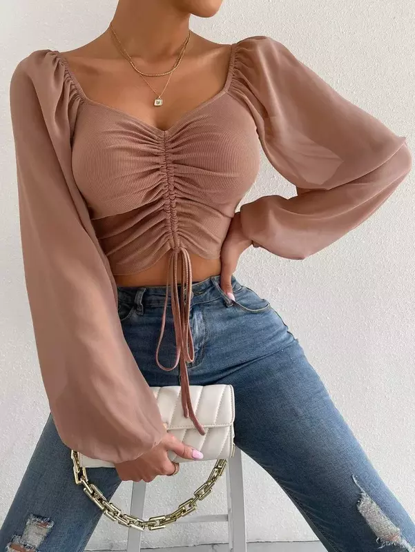 2024 Woman’s Tops Puff Sleeve Sexy Close-Fitting Summer and Spring Lace up V-neck Fashion Solid Color Simple Long Sleeve Hot