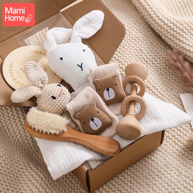 Couverture en coton double face pour bébé, ensemble de bain nouveau-né, boîte cadeau, crochet en bois, brosse à hochet, bracelet, serviette, cadeau de douche