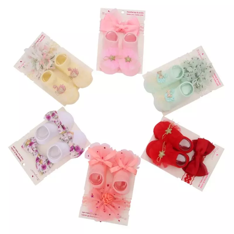 Zestaw skarpet dla noworodka w stylu europejskim zestaw kwiatowa opaska skarpet Bowknot dla dziewczynki na wiosnę lato dla dzieci na 0-1 roku