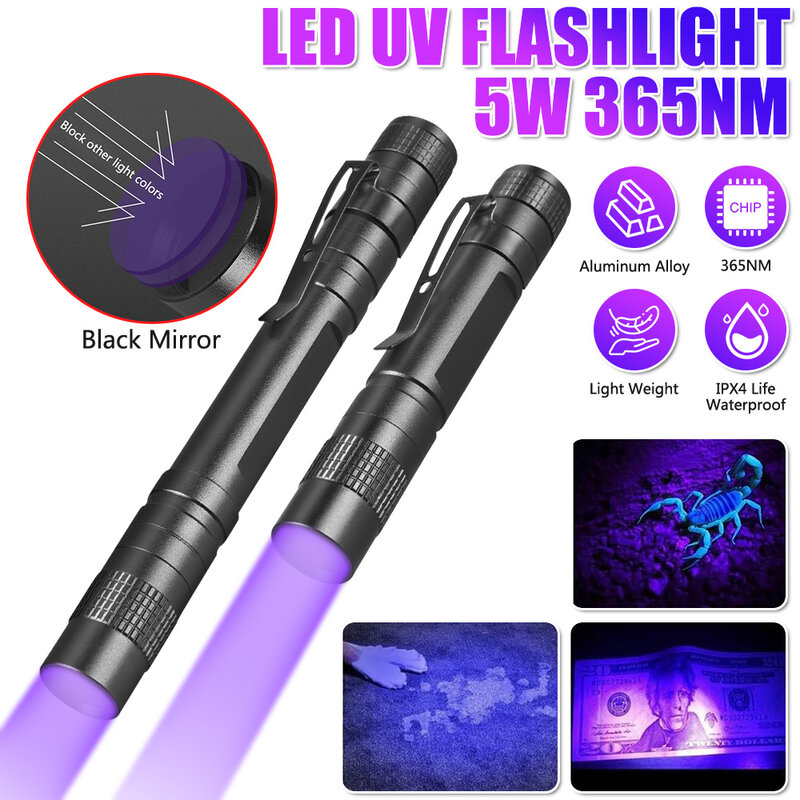 E2 Senter UV Mini 365nm, lampu Penlight hitam Ultraviolet ungu dengan klip karpet pendeteksi urin hewan peliharaan menangkap Scorpio