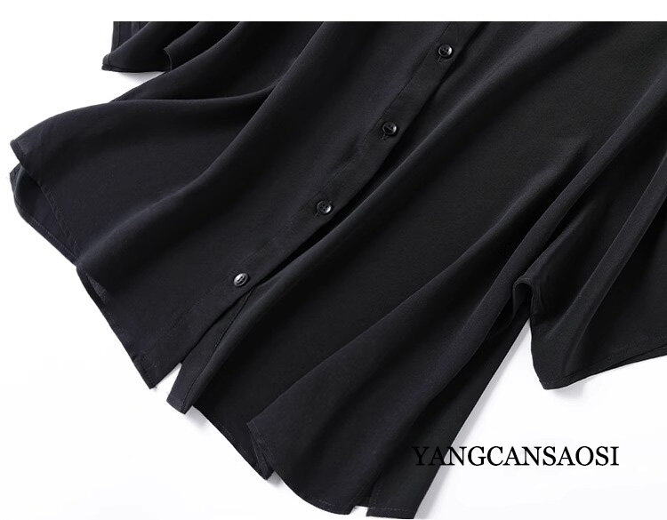 เสื้อเชิ้ตแขนปีกค้างคาวของผู้หญิงเสื้อลำลอง2024 100% สีดำแบบคลาสสิกสำหรับฤดูร้อนของคอตั้ง