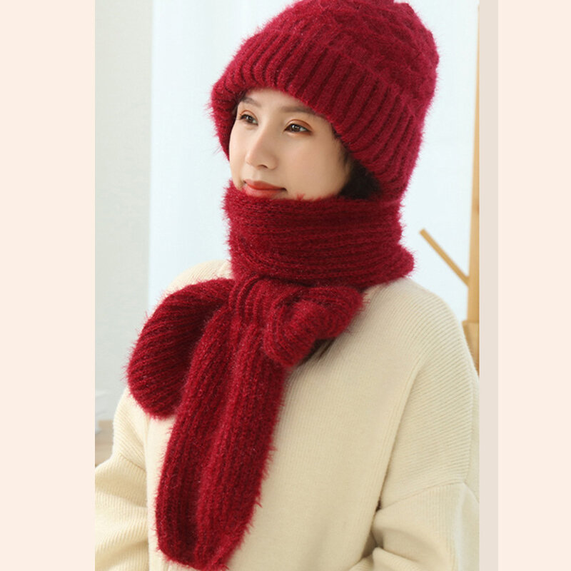 여성용 모직 니트 모자와 스카프, 따뜻한 봉제 모자 스카프, 두꺼운 후드 귀 보호, 야외 스키 비니 캡, 겨울