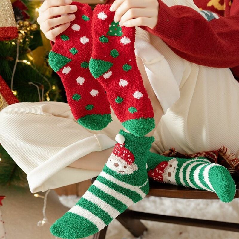 Elk Cartoon Snowman Floor Sleep Socks para mulheres, Home Socks, Tubo Médio, Meias de Natal, Coral Velvet Socks