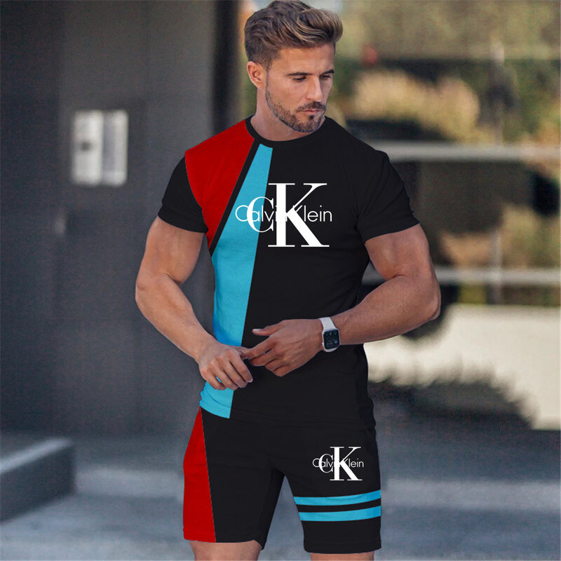 Мужской повседневный комплект с коротким рукавом, Мужская футболка, комплект для улицы, для спорта и фитнеса, летняя одежда, 2024