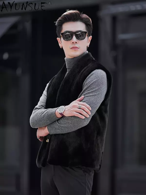 AYUNSUE-Real Mink Fur Vest para homens, casaco com decote em v, jaqueta sem mangas, pele natural, luxo, outono, inverno, 2023