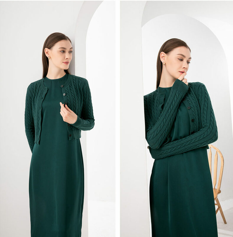 AS woman clothes maxi satin dress / knitted rib dress + knitted cable cardigan Autumn Winter collection