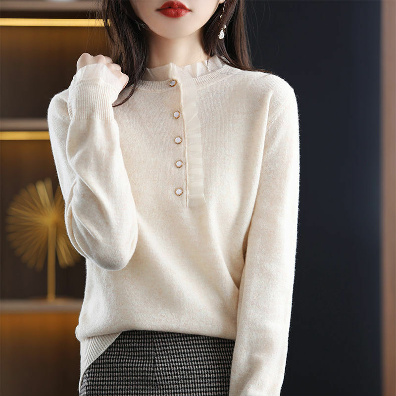 Fashion Ruffles Button Knitted Spliced Lace Blouse Women Clothing 2022 Autumn New Loose Casual Pullovers All-match Sweet Shirt