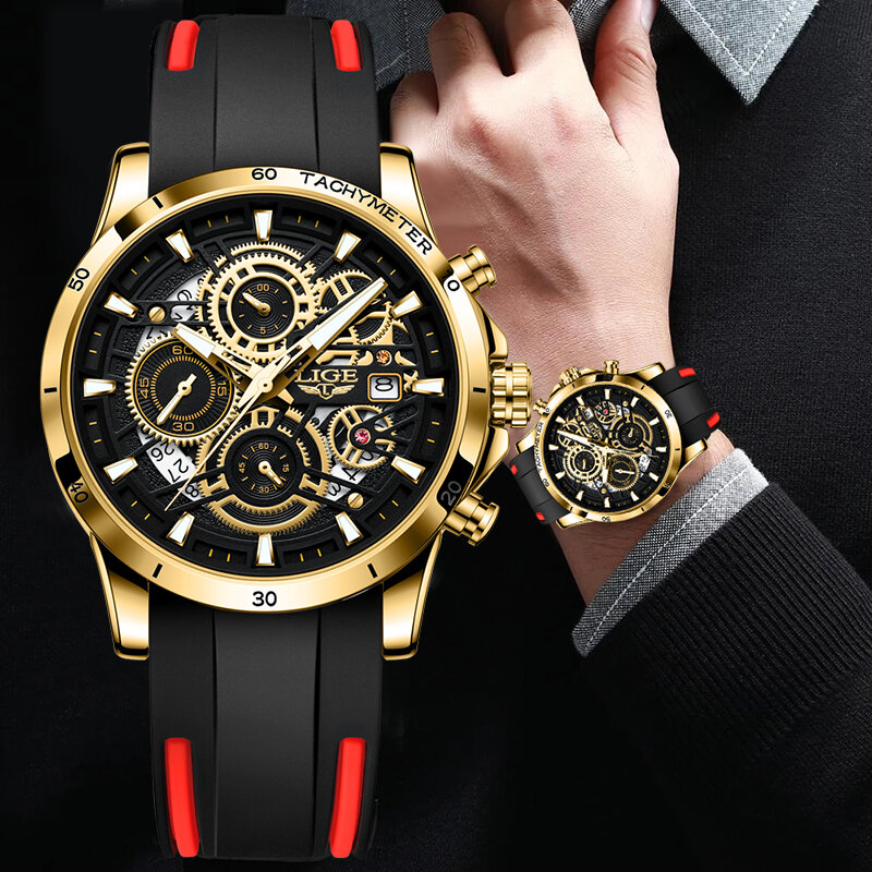 LIGE Luxury Watches For Men Fashion Silicone Strap Military Waterproof Sport Chronograph Quartz WristWatch Relogio Masculino+BOX