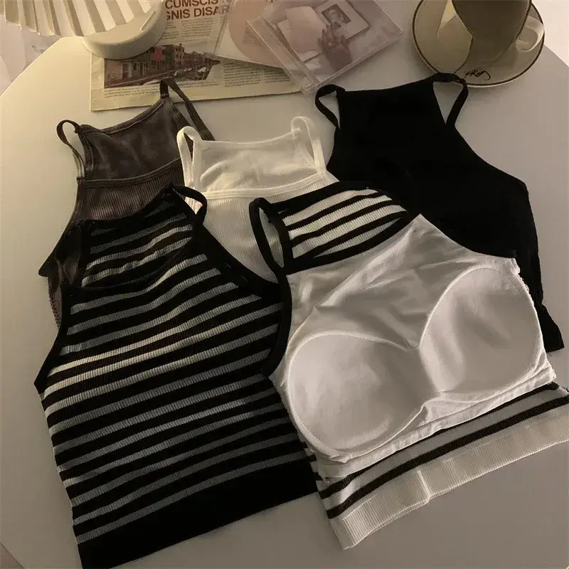 Korean Version Women Tank Tops Thread Solid Casual Fashion Crop Top with Chest Pad Stripe Sleeveless Outer Wear Basic Camisole