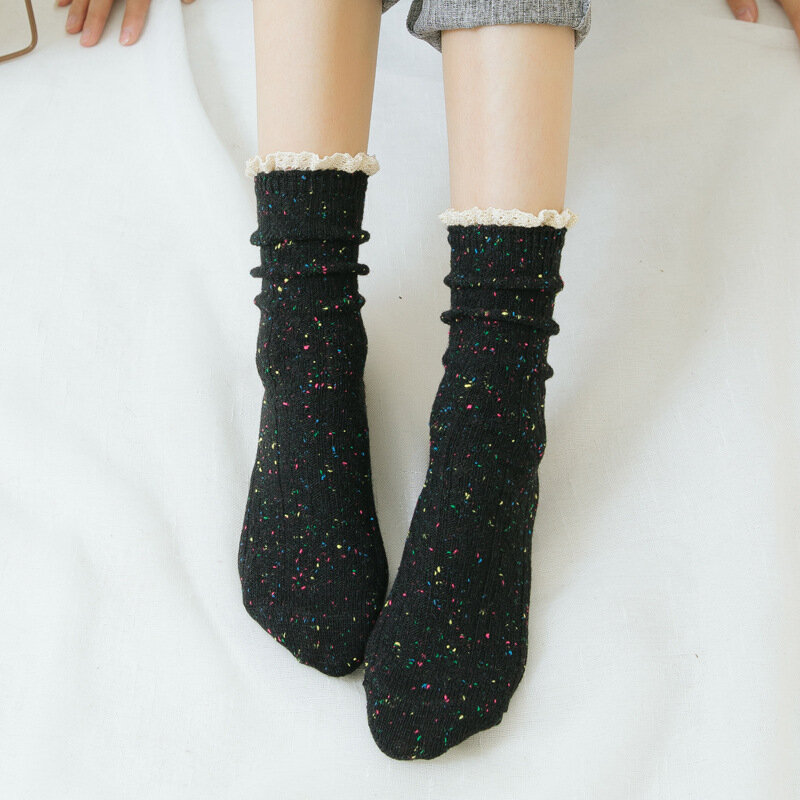 ถุงเท้าลูกไม้ถุงเท้าญี่ปุ่นวินเทจลายดอกไม้ถุงเท้าลายจุดถุงเท้าหวานฮาราจูกุฤดูใบไม้ร่วงฤดูหนาว