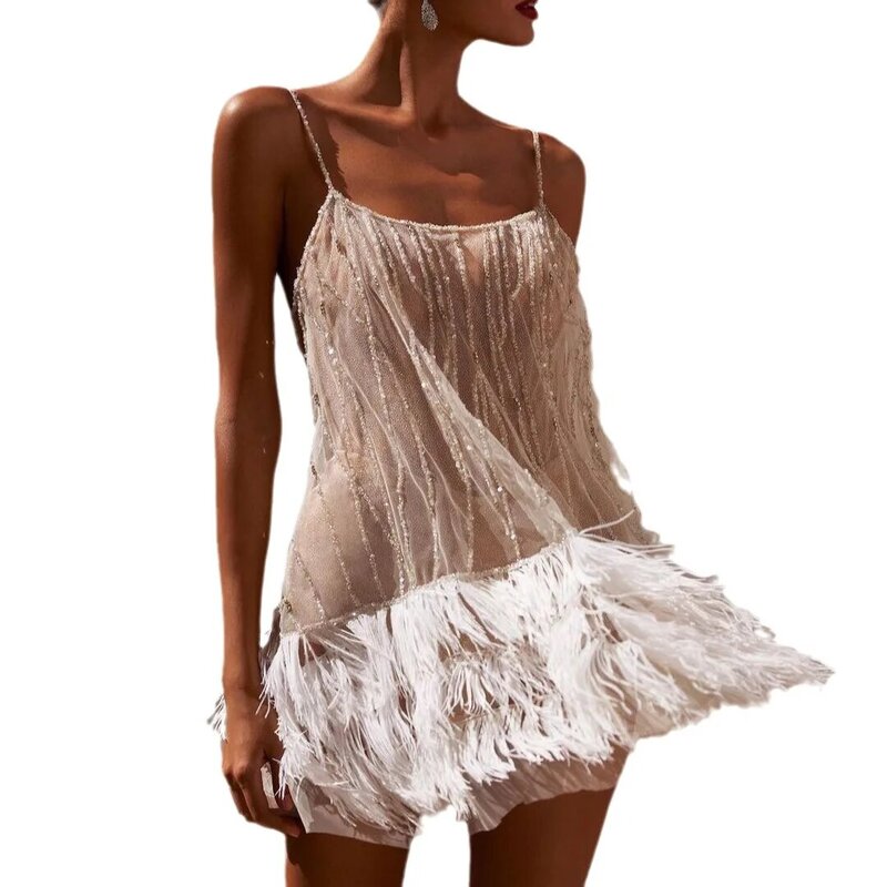 Women Tassel Sequin Short Party Dress 2024 White Spaghetti Strap Backless Loose Evening Gown Elegant Lady Nightclub Prom Dresses