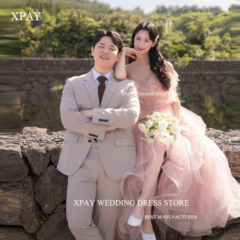 XPAY księżniczka rumieniec różowa miękki tiul koreańska suknia ślubna sesja zdjęciowa z falbanami plisy paski Spaghetti suknie wieczorowe na bal na przyjęcie