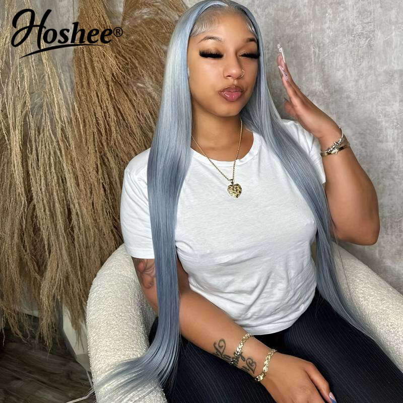 Silver Grey 13X4 Frontal Wigs Remy Bone Straight Lace Front T Part Human Hair Wig for Women Pre Plucked Transparent 150% Density