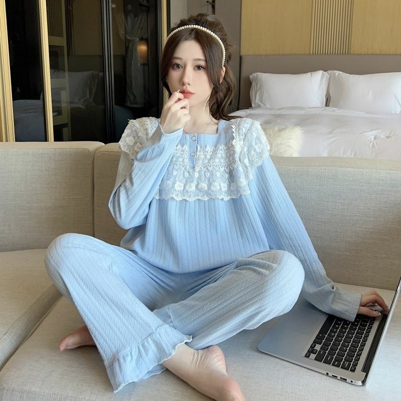 Pijama feminino estilo coreano, conjunto de pijamas de renda com colarinho quadrado, terno caseiro feminino, algodão penteado, tamanho grande, jacquard, novo, 2022