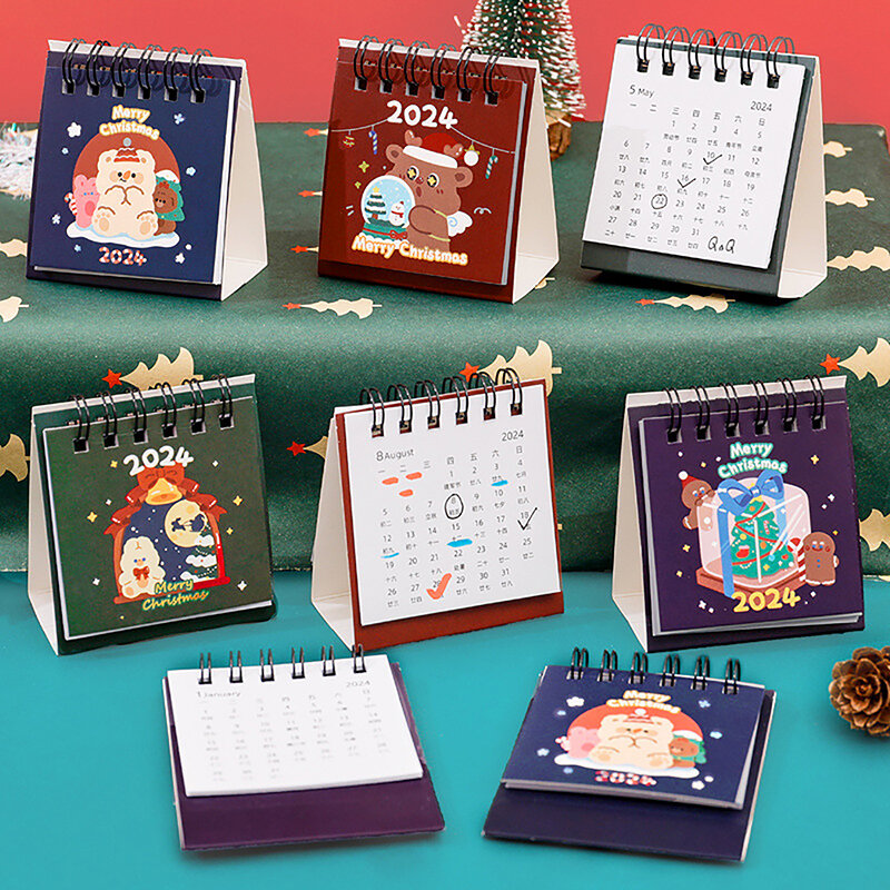 Kawaii Christmas Desk Calendar, Desenhos animados bonitos, Mini, Desktop, Agenda diária, Planejador, Bloco de notas, Papelaria, Material de escritório, 2024
