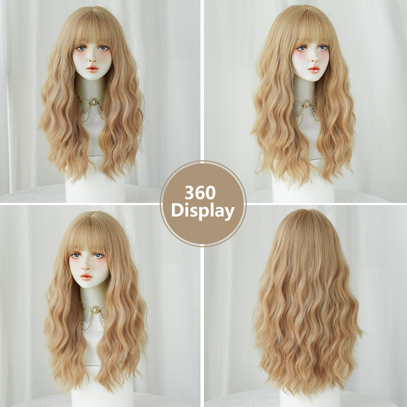 7JHH WIGS Lolita Wig Synthetic Heat Resistant Blonde Wigs with Curtain Bangs High Density Long Body Wavy Golden Wig for Women